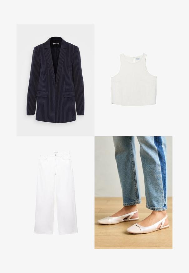 Tummansininen pinnastripe-pukujakko, jossa on napataskut, pitkät hihat ja istuva leikkaus.; Valkoinen hihaton paita, jossa on pyöreä pääntie, hienovarainen tekstuuri, avaustakki ja suora helma.; Valkoiset leveälahkeiset farkut, jotka on valmistettu sileästä denimmateriaaleista. Varustettu napilla ja vetoketjulla, ja niissä on kaksi etutaskua ja kaksi takataskua.; Vaaleanpunaiset slingback-ballerinat, joissa on terävä kärki, valmistettu sileästä nahkamaisesta materiaalista. Sivujen leikkuuyksityiskohdat ja tasapohja.