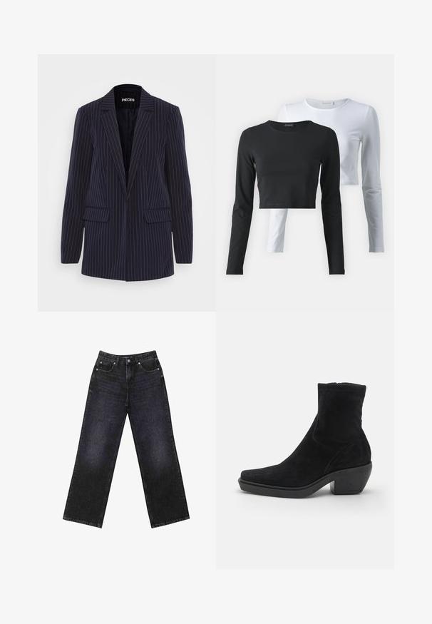 Blazer blu navy a righe con rever a punta, maniche lunghe, tasche a pattina e vestibilità sartoriale.; Due magliette a maniche lunghe, una nera e una bianca, realizzate in morbido cotone, con scollature rotonde e un design cropped.; Jeans in denim neri a vita alta con un taglio a gamba larga, design a cinque tasche e cuciture visibili. Il tessuto ha una finitura liscia e leggermente tessurizzata.; Stivaletto in suede nero con design a punta quadrata, tacco basso a blocco e texture liscia. Presenta una parte superiore attillata e dettagli di cucitura minimi.