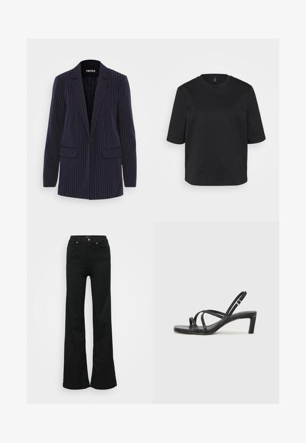 Marineblå pinstripet blazer med enkelt spisskrage, lange ermer, klaffelommer og en skreddersydd passform.; Svart t-skjorte med rund hals laget av bomull, med korte ermer og avslappet passform. Glatt tekstur uten synlige mønstre eller detaljer.; Svarte utsvingte jeans laget av denim, med høy midje, fem lommer og metallknapplukking. Glatt tekstur med minimal detaljering.; Sorte sandaler med stropper, firkantet tå og lav blokk hæl. Har flere tynne stropper og en justerbar ankelstropp. Laget av glatt lær.