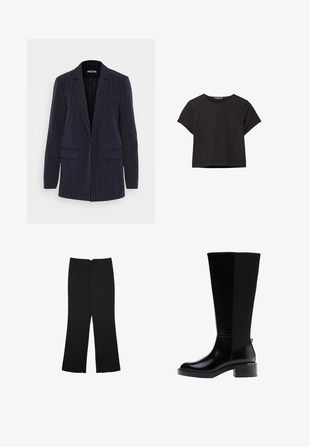 Tummansininen pinnastripe-pukujakko, jossa on napataskut, pitkät hihat ja istuva leikkaus.; Musta lyhythihainen crop-top pehmeästä kankaasta, jossa on pyöreä kaula-aukko ja rento istuvuus siistillä helmalla.; Mustat housut suoralinjaisella leikkauksella, joissa on etutaskut ja sivurei'ät helman alla. Valmistettu pehmeästä ja sileästä kankaasta. Sopii eri tilaisuuksiin.; Musta polven korkeudelle ulottuva saapas, jossa on sileä nahkapinta, näkyvät saumat, mahtava korko ja teksturoitu takapaneeli lisäyksinä.
