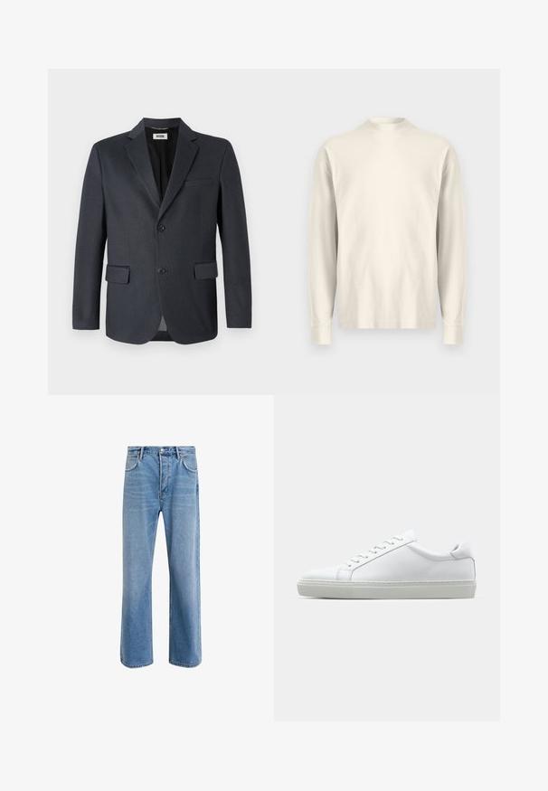 Mørk grå blazer laget av teksturert stoff med notched lapel, to frontlommer og to-knapps lukking. Fôret innside.; Langermet genser med høy hals i lys krembomull. Glatt tekstur, avslappet passform, minimalistisk design, ingen synlige mønstre eller aksenter.; Lys blå denimjeans med rett ben-design, fem lommer, knappeåpning, minimal falming og kontrasterende sømdetaljer.; Hvit sneakers med en glatt skinnoverdel og lav profil. Har en rund tå, seks snøring hull, og en teksturert gummisåle.