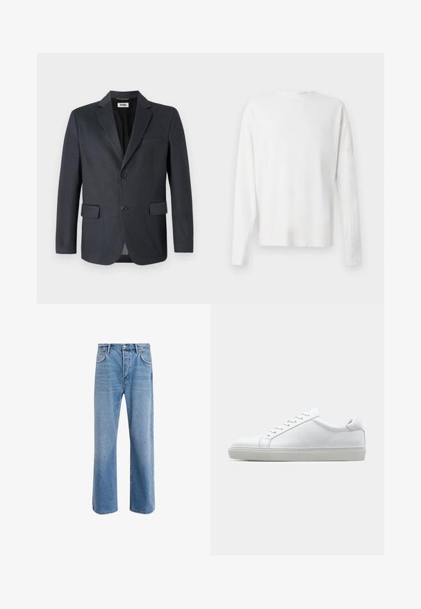 Blazer cinza escuro feito de tecido texturizado, com lapela em bico, dois bolsos frontais e fechamento com dois botões. Interior forrado.; Camisa de algodão branca de mangas longas com decote redondo, fendas laterais na parte inferior e uma textura suave, mostrada de trás.; Calças de ganga azul claro com um design de perna reta, cinco bolsos, fecho de botão, desgaste mínimo e detalhes de costura em contraste.; Sapatilha branca com um cabedal em couro liso e de perfil baixo. Apresenta um bico redondo, seis ilhoses e uma sola de borracha texturizada.