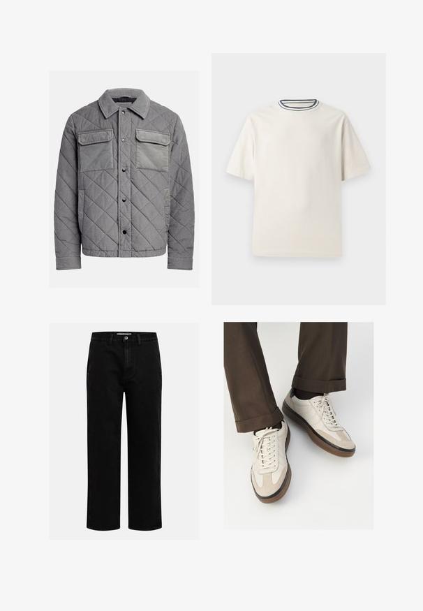 Tikka hallhalline hallitud jope, mis on valmistatud tekstuuritud kangast, kahel rinnataskul, nupuklappid ja punktkaelus. Vastupidav ja soojustatud disain.; Kreemivärvi puuvillane T-särk lühikeste varrukatega, ümmarguse kaeluse ja mereteemalise sinise ja valge triibuga. Sile tekstuur, mugav lõike.; Mustad denim püksid sirge jala kujundiga, klassikaline viie tasku disain ja nööbid kinniuisutamisel. Sile tekstuur ja vastupidav kangas.; Bežid spordijalised, millel on tekstuuriga suede esiosa, siledast nahast küljed ja pruun kummitald. Lisatud on paelad ja heledad õmbluse detailid.