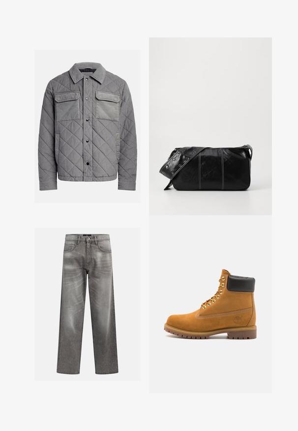 Přikrývková šedá bunda z texturované tkaniny, s dvěma náprsními kapsami, patentními knoflíky a límcem. Odolný a izolovaný design.; Krémové bavlněné tričko s krátkými rukávy a kulatým výstřihem. Obsahuje grafický potisk v modré a červené barvě s textem a motivem.; Šedé džíny z denimu s volným střihem, s detaily vyblednutí a škrábáním, klasickým pětikapsovým designem a zapínáním na knoflík.; Hnědé semišové kotníkové boty s černým polstrovaným límcem, zlatými kovovými očky, bílým prošíváním a odolnou gumovou podrážkou s výraznými drážkami.; Černá kožená kabelka přes rameno se zapínáním na zip, s texturovaným tělem, bílým prošíváním a popruhem se stříbrnými očky.