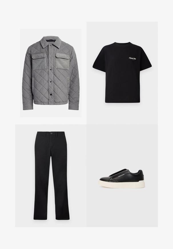 Gequilte grijze jas van een gestructureerde stof, met twee borstzakken, drukknoopsluitingen en een puntkraag. Duurzaam en geïsoleerd ontwerp.; Zwarte katoenen t-shirt met een ronde hals, korte mouwen en kleine witte logo-tekst op de linkerkant van de borst. Eenvoudig ontwerp, klassieke pasvorm.; Zwarte broek opgesteld tegen een witte achtergrond, met een recht model en een knoopsluiting in de taille.; Zwarte slip-on sneaker met een gestructureerde leren bovenkant, witte rubberen zool en geen zichtbare veters. Beschikt over het merkembleem aan de zijkant.