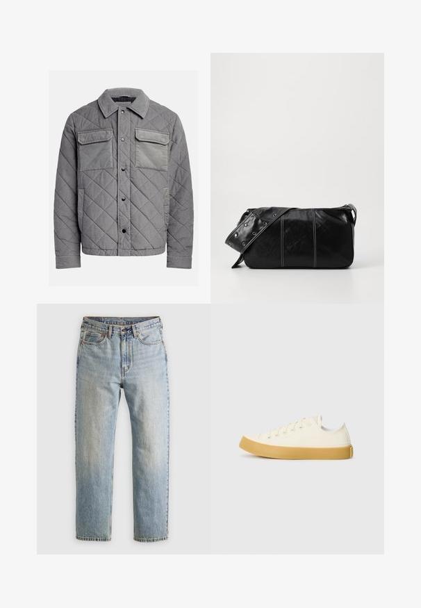 Gepolsterte graue Jacke aus strukturiertem Stoff, mit zwei Brusttaschen, Druckknöpfen und einem spitzen Kragen. Robuste und isolierte Konstruktion.; Ein einfarbiges, hellgraues T-Shirt mit kurzen Ärmeln und Rundhalsausschnitt, auf einem weißen Hintergrund, Frontansicht, ohne sichtbare Logos oder Designs.; Helle blaue Jeans mit hoher Taille, Frontknopf, Reißverschluss und fünf Taschen-Design, flach auf einem neutralen Hintergrund ausgelegt.; Leinensneaker in Off-White mit runder Zehenpartie, ausgestattet mit beigen Gummisohlen und fünf Ösen für Schnürsenkel, mit strukturiertem Finish auf dem Obermaterial.; Schwarze Leder Schultertasche mit Reißverschluss, ausgestattet mit einer strukturierten Oberfläche, weißen Nähten und einem Tragegurt mit silbernen Ösen.