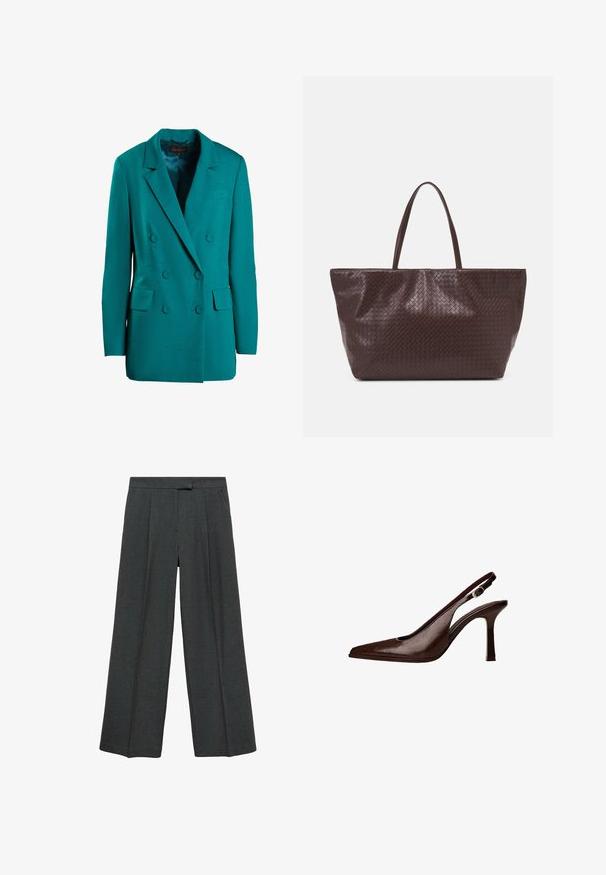 Tealowy dwurzędowy żakiet wykonany z gładkiego materiału. Posiada klapki w formie wycięcia, dwie przednie kieszenie oraz okrągłe guziki.; Biała bezrękawnikowa bluzka z falbaniastymi brzegami, z przodu związana satynową wstążką oraz zdobiona marszczeniami w centralnej części. Wykonana z miękkiego materiału.; Ciemnoszare spodnie o szerokich nogawkach z pliskami z przodu, wykonane z teksturowanej tkaniny, z płaskim pasem bez widocznych zapięć.; Brązowe skórzane sandały typu slingback z ostrym noskiem i cienkim obcasem. Posiadają małą klamrę akcentującą na pasku oraz błyszczące wykończenie.; Brązowa pleciona torba na ramię ze skórzanym wykończeniem, z dwoma uchwytami, o usztywnionym kształcie i teksturowanej powierzchni, z charakterystycznym wzorem w diamenty.; Brązowy satynowy naszyjnik z czerwonymi koralikami, z nieregularnym czerwonym kamieniem i ciemnym koralikiem, zamocowanym na złoconym zapięciu z regulowanym zapięciem.