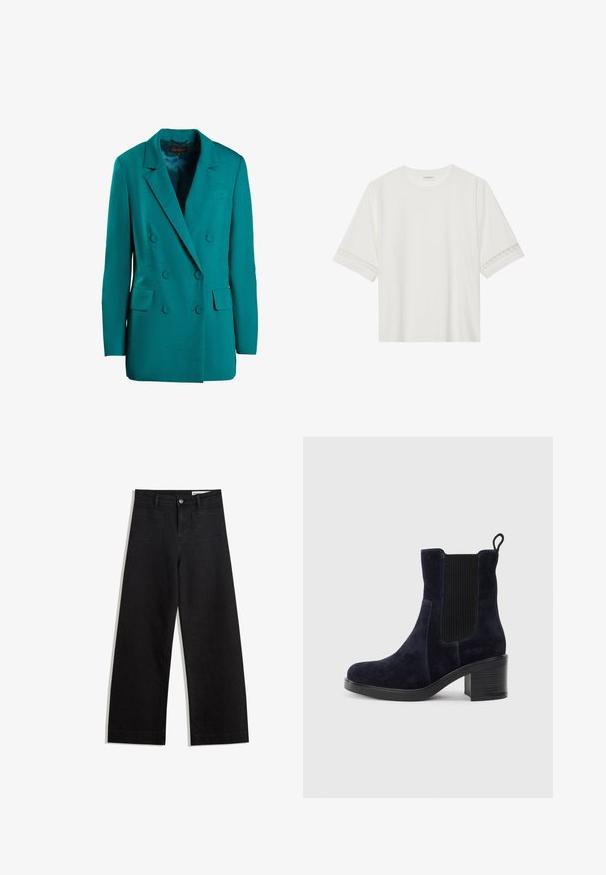 Sacou bleumarin cu două rânduri de nasturi, realizat dintr-un material neted. Dispune de revere tăiate, două buzunare frontale și nasturi rotunzi.; Tricou alb cu mânecă scurtă, confecționat din bumbac, cu dantelă decorativă pe marginea mânecilor și un guler rotund.; Pantaloni din denim negri cu picioare largi, cu talie înaltă, având buzunare frontale și posterioare, cusături dublate și închidere cu nasture. Textură netedă.; Botine din suede de culoare bleumarin, cu panou elastic pe lateral, vârf rotunjit și toc pătrat. Materialul texturat și talpa netedă oferă un contrast.