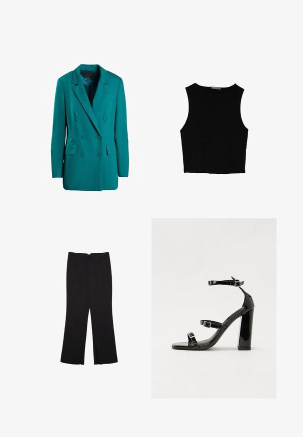 Tyrkysový dvojradový blejzer vyrobený z hladkej tkaniny. Obsahuje klopové golieriky, dve predné vrecká a okrúhle gombíky.; Čierny bezrukávový crop top vyrobený z hladkej tkaniny, so zaobleným výstrihom a čistým, jednoduchým dizajnom bez vzorov alebo kovania.; Čierne nohavice so strihom rovného strihu, s prednými vreckami a bočnými rozparkami na leme. Vyrobené z mäkkej, hladkej tkaniny. Vhodné na rôzne príležitosti.; Čierne lakované sandále na podpätku so štvorcovou špičkou, navlečenými remienkami okolo členku a striebornými prackami. Disponujú masívnym blokovým podpätkom pre stabilitu.