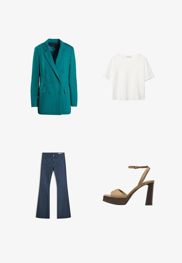 Teal dvostruko kopčani sako od glatkog materijala. Ima reveri s izrezom, dve prednje džepove i okrugle dugmadi.; Bijela majica kratkih rukava od pamuka. Ima okrugli izrez i opušteni kroj. Glatka tekstura bez vidljivih uzoraka ili naglasaka.; Tamno plavi traperice s izrezanim nogavicama, šivanim džepovima, kopčanjem na dugme i glatkom teksturom. Imaju klasičan dizajn s pet džepova.; Beige suedirane sandale s visokim potpeticama, širokom prednjom trakom i trakicom oko gležnja, s debelom drvenom blok-potpeticom s teksturiranim završetkom.