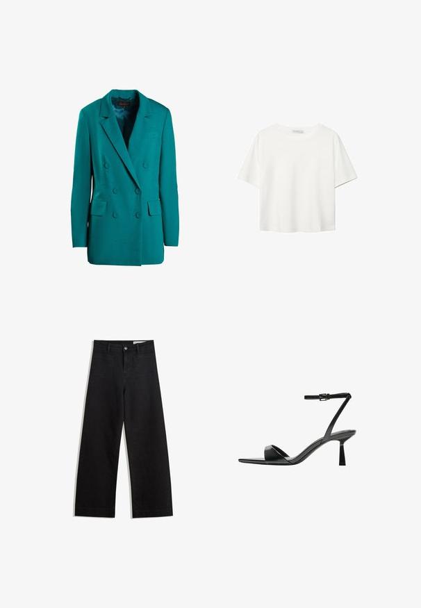 Zelenmodra dvoredna blazer jakna iz gladkega materiala. Ima obrobljene klape, dva sprednja žepa in okrogle gumbe.; Bela kratka majica s kratkimi rokavi iz bombaža. Ima okroglo izrezovanje in sproščen kroj. Gladka tekstura brez vidnih vzorcev ali poudarkov.; Črne široke denim hlače z visokim pasom, ki imajo sprednje in zadnje žepe, šivane šive ter gumbasto zapiranje. Gladka tekstura.; Bershka Sandali z visoko peto - black