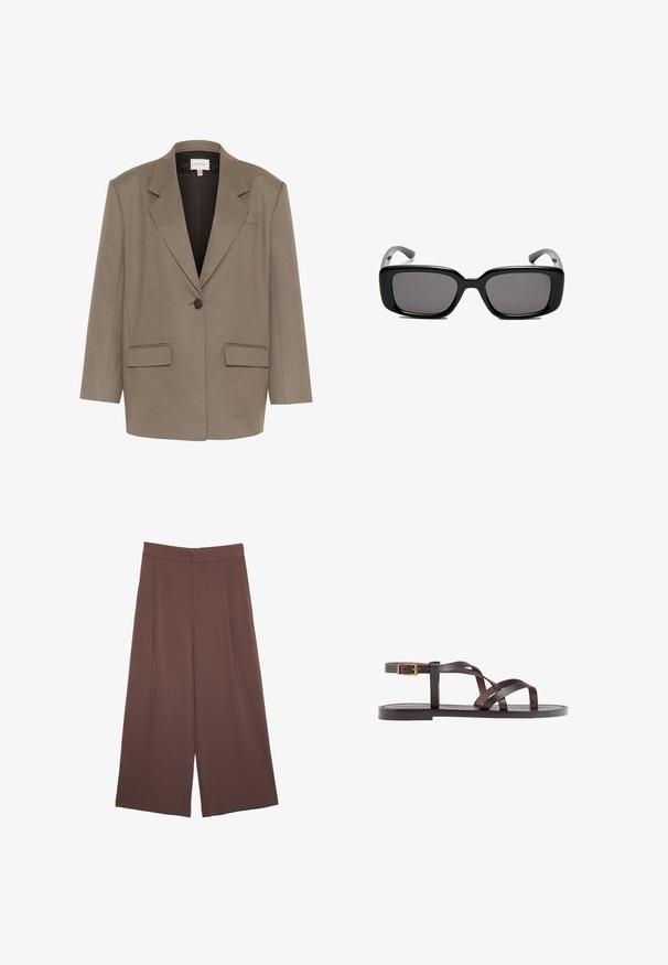 Smeđi sako u strukturiranom dizajnu, s jednim dugmetom, dva prednja džepa i reverima. Glatka, teksturirana tkanina.; Smeđi kratki rukav majica od mekog materijala, s okruglim izrezom i opuštenim krojem. Nema vidljivih uzoraka ili naglasaka.; Smeđe hlače širokog kroja s glatkom teksturom, koje imaju visok struk i nabore sprijeda. Tkanina je lagana i slobodno se kreće.; Smeđe kožne sandale s iskrižanim trakama, umetkom za zapešće s kopčanjem i ravnim potplatom s minimalnim detaljima šivanja.; Crne pravokutne sunčane naočale s tamnim lećama, glatkim plastičnim okvirom i zakrivljenim državama. Dizajn je masivan s minimalističkom estetikom.