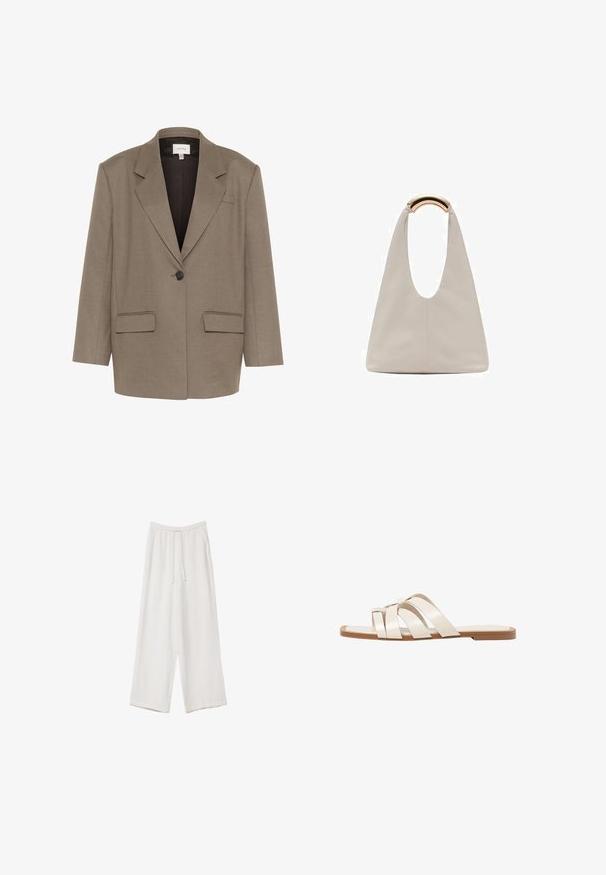 Smeđi sako u strukturiranom dizajnu, s jednim dugmetom, dva prednja džepa i reverima. Glatka, teksturirana tkanina.; Svijetlo bež majica kratkih rukava s okruglim izrezom, izrađena od meke, glatke tkanine. Karakterizira je opušteni kroj i ravni rub.; Bijele hlače širokih nogavica napravljene od lagane tkanine. Imaju elastičan pojas s ušicom i bočne džepove. Glatka tekstura.; Ravne sandale s smeškom od gume, dizajnirane s tri preklapajuće bele kožne trake i malim detaljem mašne u sredini.; Svijetlosivi kožni torba s oblikom u slovo U i zakrivljenim metalnim drškom. Glatka tekstura s minimalnim šavovima i bez vidljivih uzoraka.