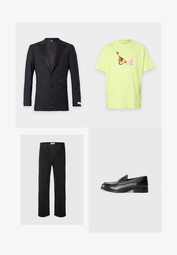 Marineblaues Smokingjackett mit schwarzen Satinrevers, einreihigem Design, zwei Fronttaschen und angedeutetem Kragen; glatte Textur, maßgeschneiderte Passform.; Limegrünes Baumwoll-T-Shirt mit einem grafischen Druck eines Vogels und einer pinken Eistüte, mit einem einfachen Rundhalsausschnitt und kurzen Ärmeln.; Schwarze Denim-Jeans im Straight-Leg-Schnitt verfügen über ein klassisches Fünf-Taschen-Design mit Knopfverschluss, minimaler Naht und einer weichen Textur.; Schwarze Lederloafers mit glatter Oberfläche, gesteppten Details über dem Vorderblatt und einem leicht erhöhten Absatz.