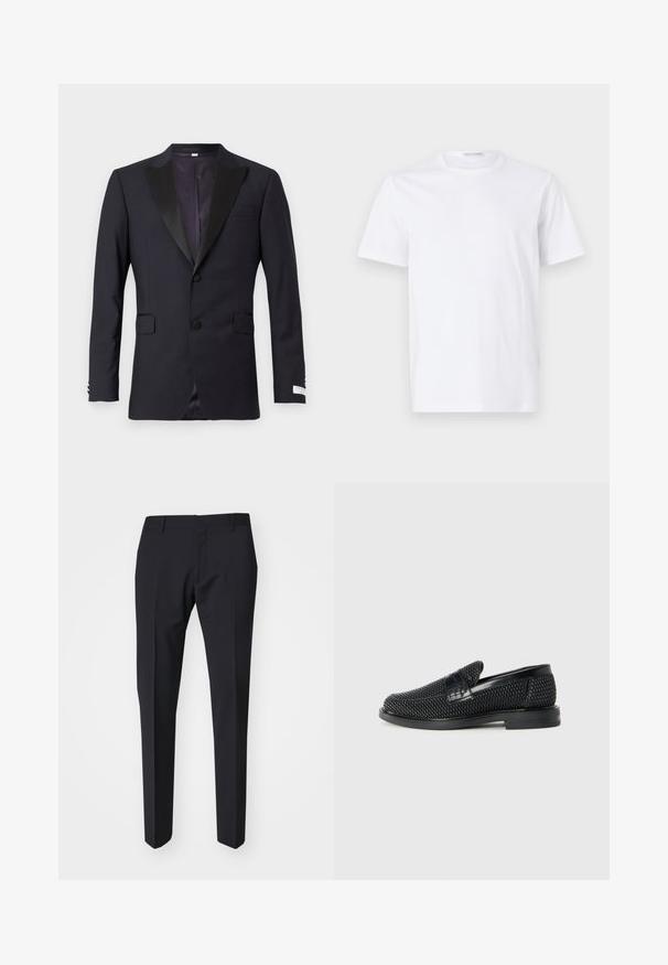 Jūras spēku tuxedo jaka ar melniem satīna uzlabojumiem, vienas rindas dizains, divi priekšējie kabatas un izgriezts apkakle; gluda tekstūra, piegriezts fit.; Balta kokvilnas T-krekls ar apaļu dekoltē un īsām piedurknēm. Gluda tekstūra, taisns griezums un minimālistisks dizains bez rakstiem vai akcentiem.; Tumši zili bikses ar šauru piegriezumu. Izgatavotas no gludas, teksturētas auduma, ar taisnu priekšpusi, jostas cilpiņām un sānu kabatām.; Melnas austas slaidu kurpes ar gludu ādas akcentu augšpusē, apaļas formas purngalu un zemas profila gumijas zoli.