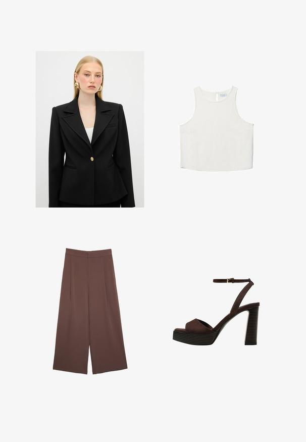 Black tailored blazer with a sharp collar, single gold button closure, and structured silhouette. Features front pockets and textured fabric.; White sleeveless top with a round neckline, featuring a subtle texture, keyhole back detail, and a straight hemline.; Brown wide-leg trousers with a smooth texture, featuring a high waist and front pleats. The fabric is lightweight and flows loosely.; Brown suede high-heeled sandal with an open toe, adjustable ankle strap, and a striped platform sole.