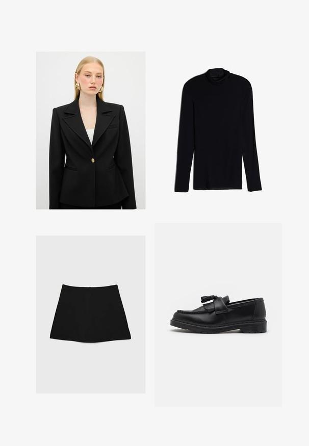 Sort skræddersyet blazer med en skarp krave, enkelt guldknaplukning og struktureret silhuet. Har forlommer og tekstureret stof.; Sort langærmet top med en cowl-hals, lavet af et blødt, glat stof; tætsiddende design med lige kant og uden synlige sømme.; Sort mini nederdel med en glat tekstur, A-linjeform og buet nederkant. Har en lynlås bagpå til lukning, uden yderligere mønstre eller accenter.; Sort læderloafer med frynseaccent, syede detaljer langs kanten og en tyk gummisål for holdbarhed.