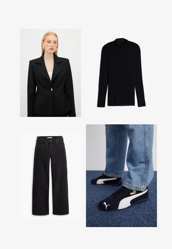 Sort skræddersyet blazer med en skarp krave, enkelt guldknaplukning og struktureret silhuet. Har forlommer og tekstureret stof.; Sort langærmet top med en cowl-hals, lavet af et blødt, glat stof; tætsiddende design med lige kant og uden synlige sømme.; Sorte bredbenede jeans lavet af denim. Har høj talje, forlommer og en lynlås med knaplukning. Glat tekstur.; Sorte ruskinds sneakers med hvide detaljer og et guldlogo. Båret med lyseblå denimjeans og sat på en struktureret blå overflade.