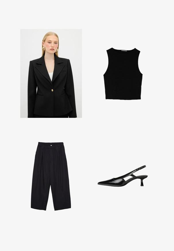 Blazer nero su misura con colletto a punta, chiusura con un singolo bottone dorato e silhouette strutturata. Presenta tasche frontali e tessuto strutturato.; Top corto senza maniche nero realizzato in tessuto liscio, con scollatura rotonda e un design pulito e semplice, privo di pattern o accessori.; Pantaloni culotte neri in poliestere con una cintura elastica, due pieghe frontali e una silhouette ampia. Nessun motivo visibile o dettagli in metallo.; Tacchi slingback in pelle verniciata nera con punta affusolata, design con tagli laterali e tacco quadrato piccolo. Texture liscia con dettagli minimi.
