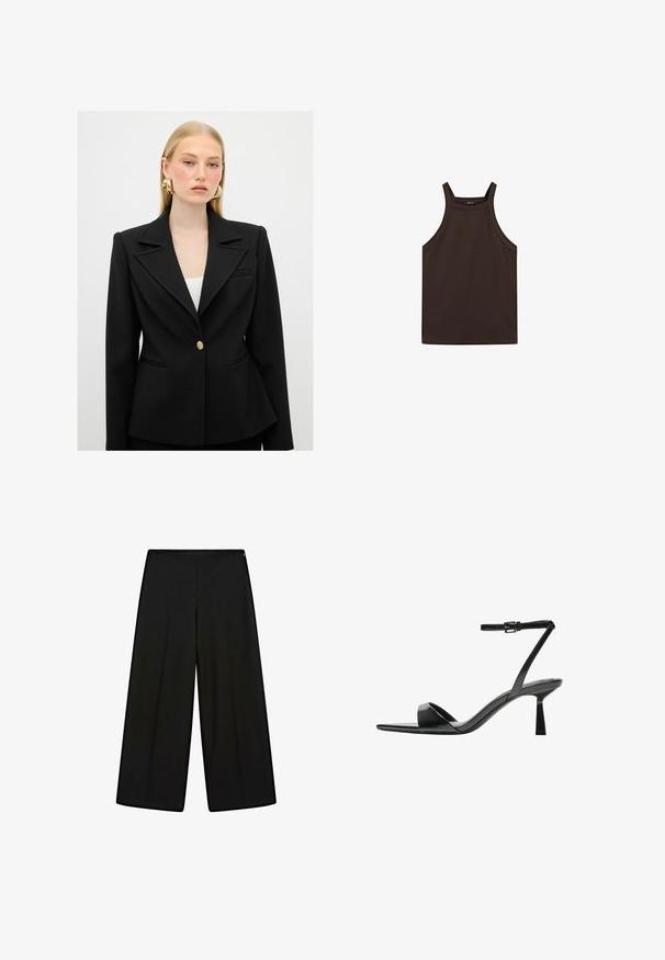 Czarna dopasowana marynarka z wyrazistym kołnierzem, pojedynczą złotą zapięciem na guzik oraz wyraźną sylwetką. Posiada kieszenie z przodu oraz teksturowany materiał.; Massimo Dutti - Top; Czarne, szerokie spodnie z miękkiego materiału, z wysokim stanem i plisami, o gładkiej fakturze i bez widocznych ozdób.; Bershka - Sandały na obcasie