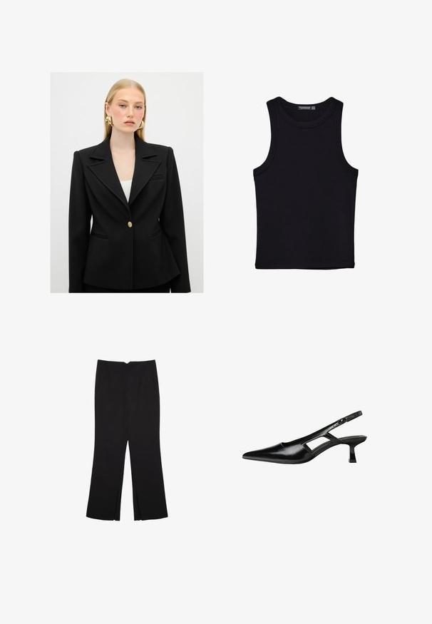 Schwarzer, taillierter Blazer mit scharfem Kragen, einreihigem goldenen Knopfverschluss und strukturiertem Silhouette. Mit Vorderaschen und strukturiertem Stoff.; Schwarzes Tanktop aus Baumwolle mit rundem Halsausschnitt und weiten Armöffnungen. Glatte Textur mit genähten Säumen. Klassisches, minimalistisches Design.; Schwarze Hose mit geradem Schnitt, ausgestattet mit Fronttaschen und Seitenschlitzen am Saum. Hergestellt aus weichem, glattem Stoff. Geeignet für verschiedene Anlässe.; Schwarze Lackleder-Slingback-High Heels mit spitzer Zehenform, ausgeschnittenem Seitendesign und kleinem Blockabsatz. Glatte Textur mit minimalen Akzenten.