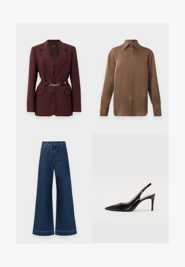 Blazer burgund cu un design ajustat, două buzunare frontale, închidere cu un singur buton și un accent de curea cu lanț auriu. Potrivit pentru contexte formale.; Cămașă lungă cu mânecă, de culoare maro, cu guler și manșete ascuțite, prezentată pe un fundal alb simplu.; Jeans din denim albastru cu picioare largi și talie înaltă, având închidere cu buton, bucle pentru curea și detalii discrete de cusut pe buzunare și la tivuri.; Pantofi slingback din piele patent neagră, cu vârful ascuțit, tocul subțire și un design discret cu decupaj. Se evidențiază printr-un cataramă aurie pe curea.
