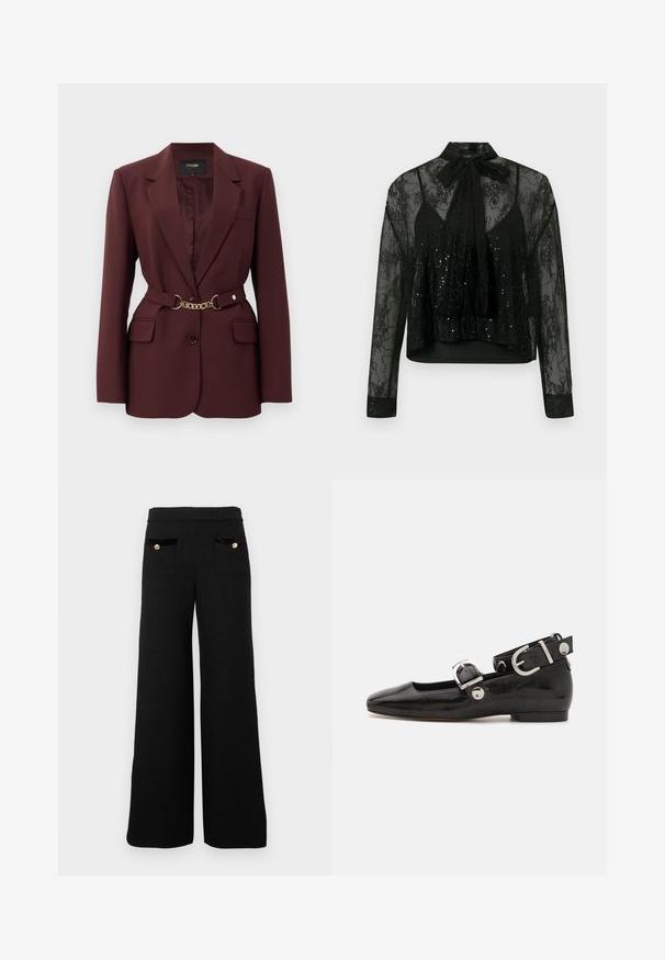Burgundy blazer with a fitted design, two front pockets, a single button closure, and a gold chain belt accent. Suitable for formal contexts.; Black sheer blouse with long sleeves, featuring a lace overlay and sequin detailing, topped with a neck bow tie and a cropped design.; Black wide-leg trousers made from textured fabric, featuring two front pockets with black velvet accents and gold button details.; Black patent leather flat shoe with a squared toe, ankle strap featuring silver hardware, and flat sole. Smooth texture with minimalist design.