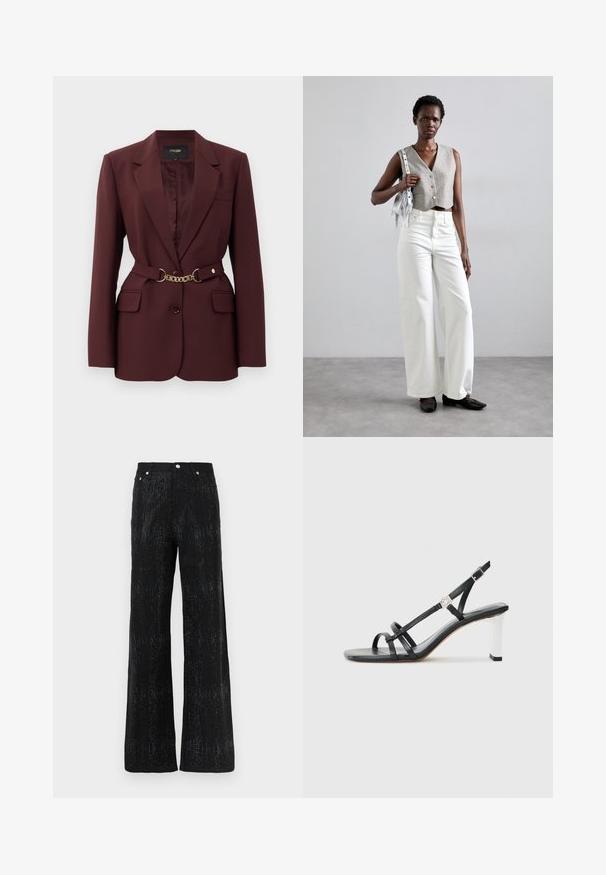 Burgundy blazer with a fitted design, two front pockets, a single button closure, and a gold chain belt accent. Suitable for formal contexts.; Black sheer blouse with long sleeves, featuring a lace overlay and sequin detailing, topped with a neck bow tie and a cropped design.; Black wide-leg trousers with a textured surface, featuring a shimmering pattern. Finished with a standard waistband and metal button accents.; Black heeled sandals with multiple narrow straps, a slingback design, and a silver accent on the heel. Smooth upper material and square heel.; Gray cropped vest with buttons, paired with white wide-leg jeans and black flat shoes. Accessorized with a small silver fringe bag.