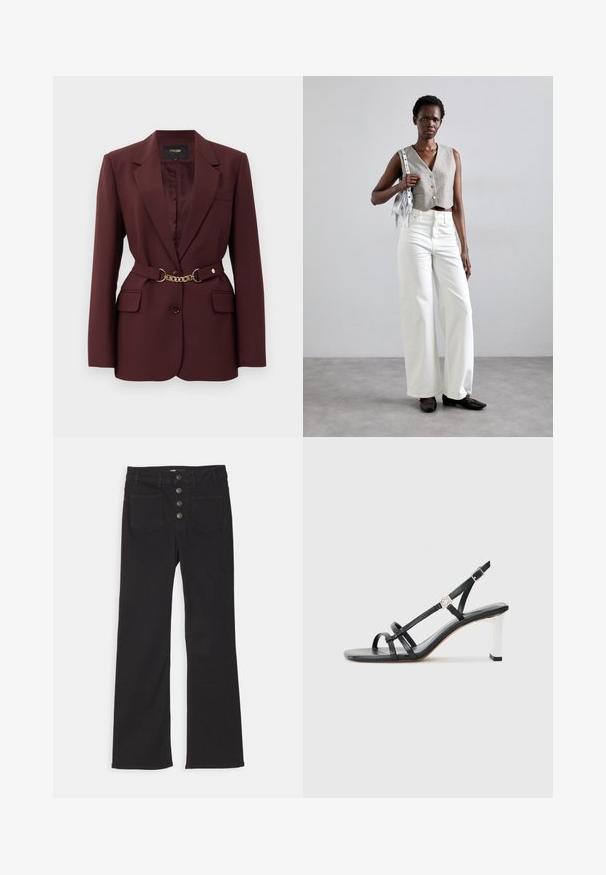 Bordo švarkas su prigludusia forma, dviem priekinėmis kišenėmis, viena sagtele ir auksine grandinės juosta. Tinka oficialioms progoms.; Juodas marškinys su mygtukais ir apykakle, pagamintas iš tekstūruotos medžiagos su išbarstytomis metalinėmis detalėmis. Kairėje pusėje yra viena krūtinės kišenė.; Juodi džinsai su plačiais klešniais, aukštu liemeniu, penkių kišenių dizainu ir priekiniais užtrauktukais, kuriuose yra keturi metaliniai mygtukai.; Juodi suknelės sandalai su keliais siaurais dirželiais, slingback dizainas ir sidabro akcentu ant kulno. Lygus viršutinis medžiagos paviršius ir kvadratinis kulnas.; Pilkas trumpas liemeniukas su sagomis, derinamas su baltomis plačiomis kelnėmis ir juodais butais be kulno. Papuoštas mažąja sidabrine frakcionuotų rankinuke.