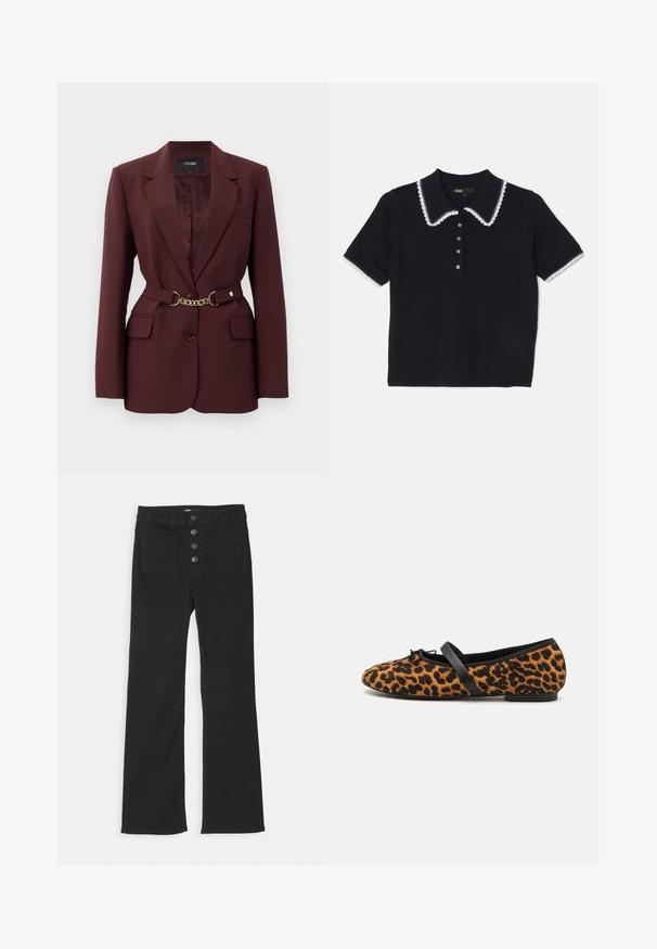 Burgundowa marynarka o dopasowanym kroju, z dwoma przednimi kieszeniami, zapięciem na pojedynczy guzik oraz akcentem w postaci złotego łańcuszka w talii. Odpowiednia do formalnych kontekstów.; Czarny dzianinowy polo z białym falbanym kołnierzykiem i wykończeniem, krótkie rękawy oraz zaawansowany detal z sześcioma guzikami. Teksturowana tkanina.; Czarne jeansy dżinsowe z szerokimi nogawkami, wysoka talia, pięć kieszeni oraz zapięcie na guziki z przodu z czterema metalowymi guzikami.; Baleriny w leopardzie z czarnymi akcentami, z okrągłym noskiem, płaską podeszwą i ozdobną kokardką z przodu. Miękka tekstura.