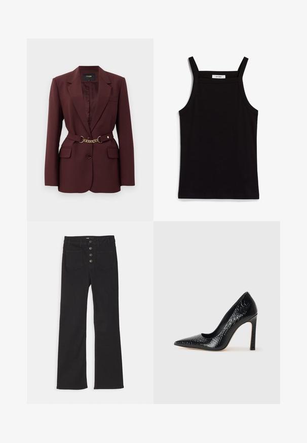 Blazer burdeos con un diseño ajustado, dos bolsillos frontales, cierre de un solo botón y un cinturón de cadena dorada como acento. Adecuado para contextos formales.; Top negro sin mangas con tirantes finos, hecho de una tela acanalada, que presenta un corte recto y una etiqueta en el cuello que dice "IVY OAK".; Vaqueros de mezclilla negra acampanados con cintura alta, diseño de cinco bolsillos y cierre frontal con cuatro botones de metal.; Zapato de tacón alto negro con punta afilada y textura de piel de cocodrilo, que presenta un diseño elegante, un alto tacón de aguja y un interior negro suave.