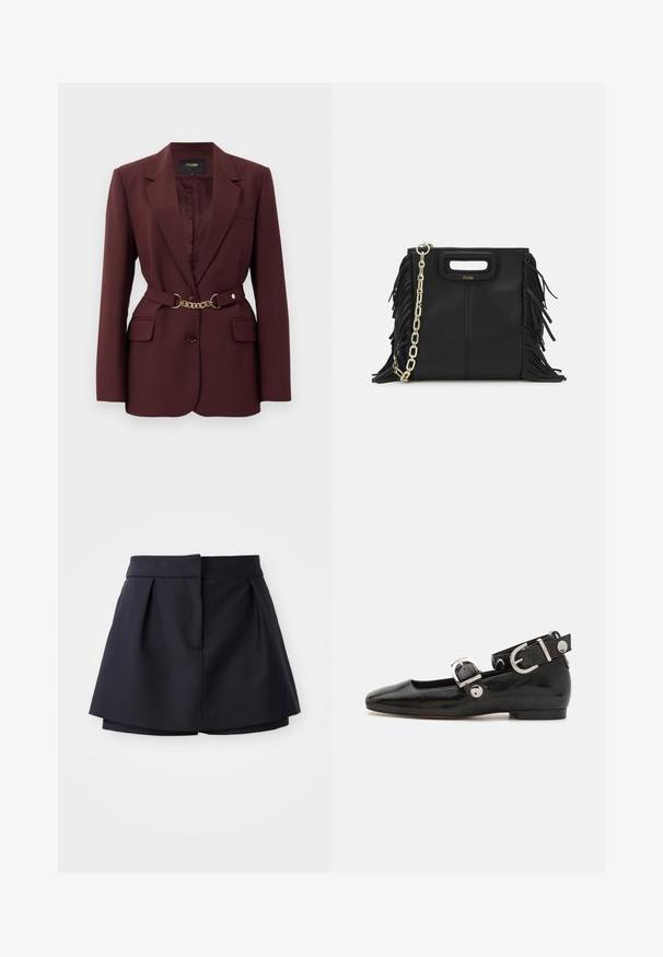 Burgundia bleiser sobitava disainiga, kahe esiseguga taskuga, ühe nööpiga kinnituse ja kuldse kettvöödiga aktsendiga. Sobib ametlikeks olukordadeks.; Tumes ribade polo-särk, millel on terav krae, lühikesed varrukad ja kaks esist taskut klõpsnuppudega; kaunistatud valgete õmbluse aktsentidega.; Tumed pleeditud lühikesed püksid kõrge vöökohaga, valmistatud siledast kangast. Omab sobivat lõiget ja varjatud esikotti.; Must musta nahkkinga lamead kontsad, ruudukujulise varbaga, pahkluu rihmaga, mis sisaldab hõbedast taakleid, ning lame tald. Siledat pinda ja minimalistlikku disaini.; Musta nahk käekott, millel on frantsiisid, kuldne ahelsanga ja lõigatud käepide. Esiosas on logot.