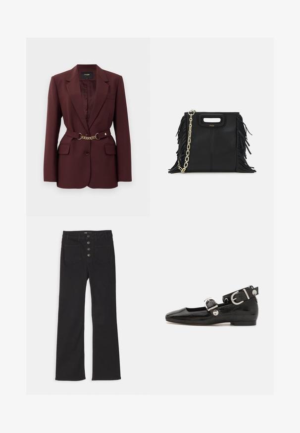 Burgundia bleiser sobitava disainiga, kahe esiseguga taskuga, ühe nööpiga kinnituse ja kuldse kettvöödiga aktsendiga. Sobib ametlikeks olukordadeks.; Tumes ribade polo-särk, millel on terav krae, lühikesed varrukad ja kaks esist taskut klõpsnuppudega; kaunistatud valgete õmbluse aktsentidega.; Mustad denimist laiad jalad kõrge vöökohaga, viie taskuga disain ja esine nupuga kinnitamine, kus on neli metallnuppu.; Must musta nahkkinga lamead kontsad, ruudukujulise varbaga, pahkluu rihmaga, mis sisaldab hõbedast taakleid, ning lame tald. Siledat pinda ja minimalistlikku disaini.; Musta nahk käekott, millel on frantsiisid, kuldne ahelsanga ja lõigatud käepide. Esiosas on logot.