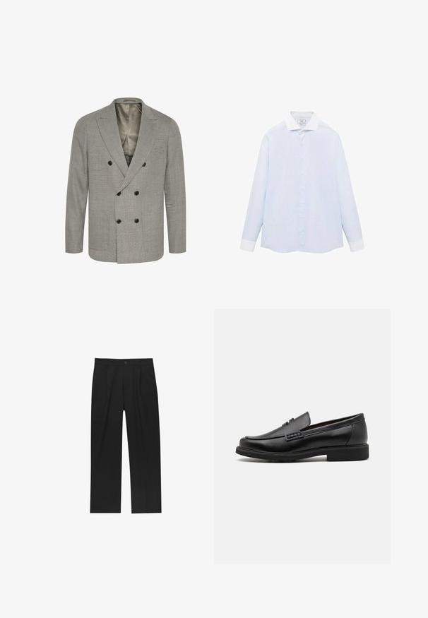 Sivkasto in črno karirano dvoredno blazer jakno z nazobčanimi reverji, ki ima dva niza črnih gumbov in gladko notranjo podlogo.; Svetlo modra prugasta srajca z dolgimi rokavi in belim ovratnikom ter manšetami, z gumbasto sprednjo zaponko in ukrivljenim robom. Gladka tekstura tkanine.; Črne hlače z ravnim krojem, narejene iz gladkega materiala. Imajo sprednje gube in enojno zaponko na pasu.; Črne sintetične loafers čevlje s poudarjenim šivanim sprednjim delom, blazinasto vložkom in ravnim gumijastim podplatom; eleganten dizajn z minimalnimi detajli.