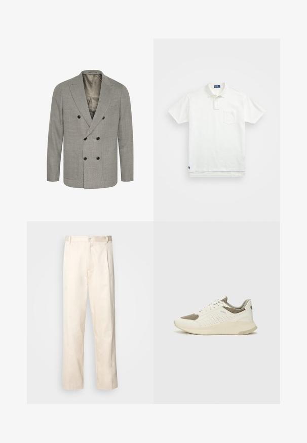 Pilkas ir juodas patikrintas dvigubas švarkas su iškarpytomis apykaklėmis, turintis dvi juodų mygtukų eiles ir lygią vidinę pamušale.; Balta polo marškiniai pagaminti iš medvilnės, su klasikiniais kraštais, trijų mygtukų sprandeliu ir kairiuoju krūtinės kišeniu; mažas logotipas apačioje.; Bežinės medvilninės kelnės su tiesiu kirpimu, turinčios mygtuko uždarymą ir priekyje raukšles papildomai dekoratyviam akcentui.; Baltas ir šviesiai bežinis sportinis kedas, su tinklo viršumi, perforuotais detalėmis ir tekstūruotu tarpine su logotipu ant kulno.