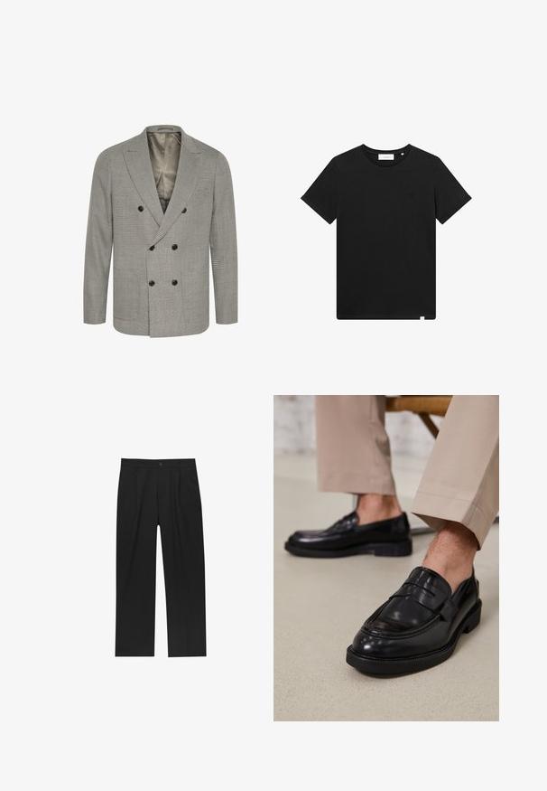 Szürke és fekete kockás, dupla soros zakó, kihajtott gallérral, két sor fekete gombbal és sima béléses belsejével.; Fekete rövid ujjú pamut póló, kerek nyakkal és egy kis géppel hímzett logóval a mellrészen. Sima tapintás, szabványos illeszkedés.; Fekete nadrág egyenes szárú kialakítással, sima anyagból készült. Elöl redők és egy gombos záródás található a derékon.; Fekete bőr loaferek sima felülettel, díszítő pánttal és kontrasztos varrással, bézs nadrággal párosítva.