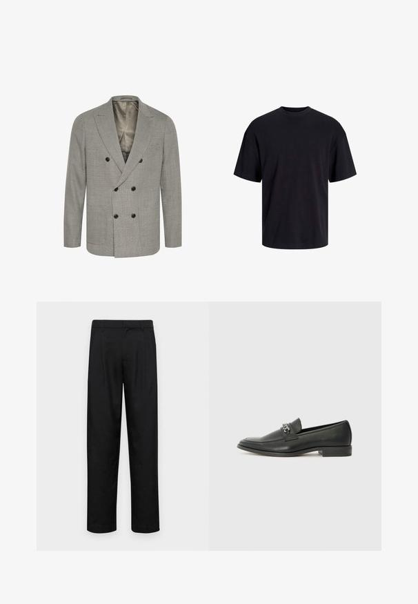 Pelēka un melna rūtotā divrindas žaketē ar iegrieztām atlokām, kas aprīkota ar divām melnu pogu rindām un gludu iekšējo oderi.; Melns kokvilnas T-krekls ar apaļu kakla izgriezumu, īsām piedurknēm un brīvu piegriezumu. Gluda tekstūra un nav redzamu rakstu vai akcentu.; Melnas bikses, izgatavotas no gludas auduma, ar taisnu kāju dizainu, divām priekšējām krokām un standarta jostu, kurai ir āķi.; Melna ādas loafer izmēra apavi ar gludu virsmu, piedāvā ar šūtu dizainu un dekoratīvu metāla ķēdes akcentu pār vampu. Plakana papēža daļa.