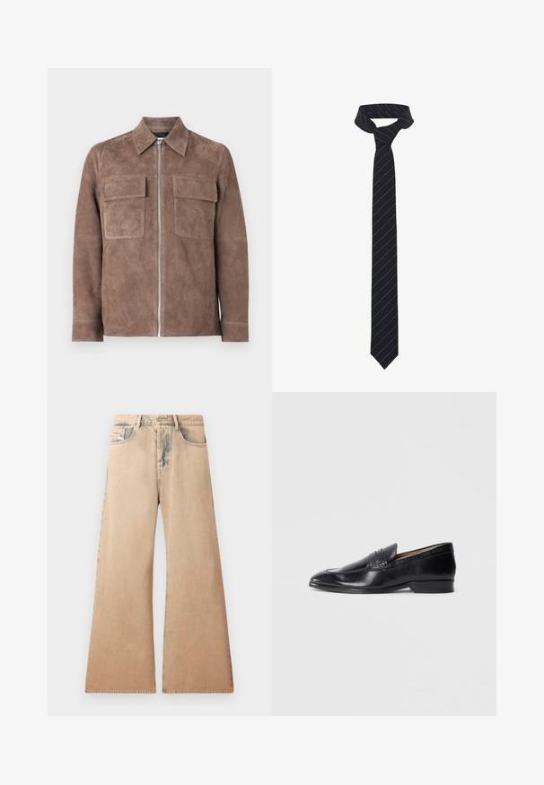 Bruine suède jas met een rits aan de voorkant, puntkraag en twee borstzakken. Glad oppervlak en minimalistisch ontwerp.; Witte langemouw overhemd van gestructureerde stof, met een klassieke kraag, knopen vooraan en een rechte zoom, met een losse pasvorm.; Beige wijde jeans met vervaagde textuur, vijf-pocket ontwerp en gestikte details langs de naden. De taille heeft een traditionele knoopsluiting.; Zwarte leren instapper met een gladde afwerking, spitse neus en subtiele stikseldetails. Heeft een platte hak en een gegraveerd logo aan de zijkant.; Zwarte vlinderdas met diagonale blauwe strepen, gemaakt van een gladde stof. Heeft een taps toelopend uiteinde en een geknoopte lus aan de bovenkant.