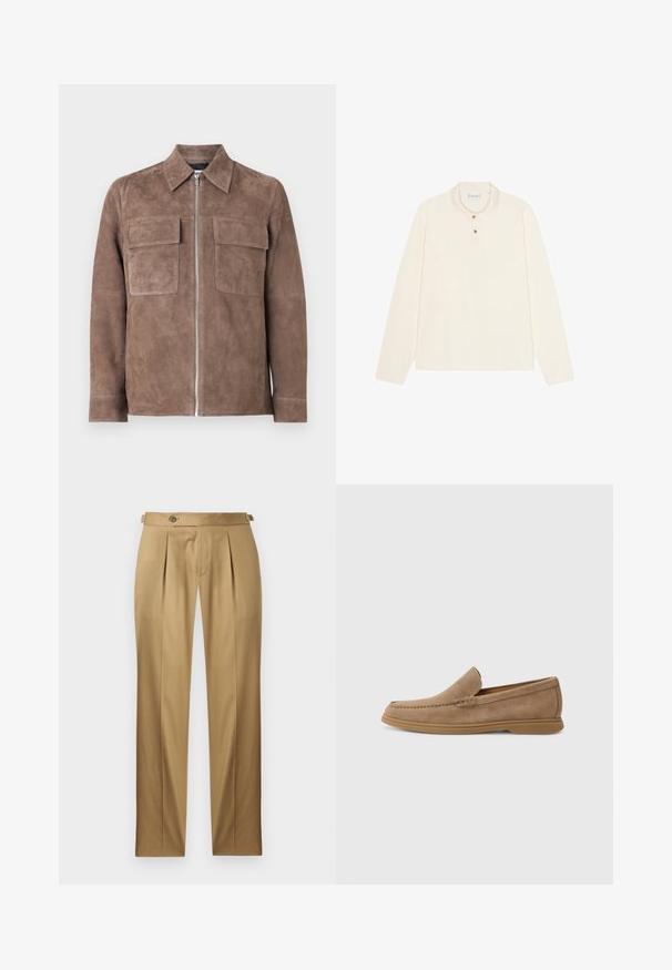 Brown suede jacket with a zip front, point collar, and two chest pockets. Smooth texture and minimalist design.; Long-sleeve polo shirt in cream, featuring a flat collar, three-button placket with gold-tone buttons, and a soft, textured fabric.; Beige trousers with a straight fit, featuring pleats, a button closure, and belt loops. Smooth fabric with a clean, tailored look.; Brown suede slip-on loafers with a smooth texture and stitched detailing; features a rubber sole for traction.