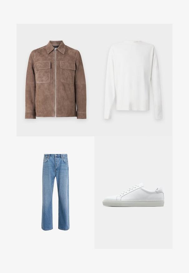 Giacca in suede marrone con zip frontale, colletto a punta e due tasche sul petto. Texture liscia e design minimalista.; Camicia bianca in cotone a maniche lunghe con scollatura rotonda, spacchi laterali in fondo e una texture liscia, mostrata da dietro.; Jeans in denim blu chiaro con design a gamba dritta, cinque tasche, chiusura con bottone, leggero sbiadimento e dettagli di cucitura a contrasto.; Sneaker bianco con tomaia in pelle liscia e profilo basso. Presenta una punta arrotondata, sei occhielli e una suola in gomma testurizzata.