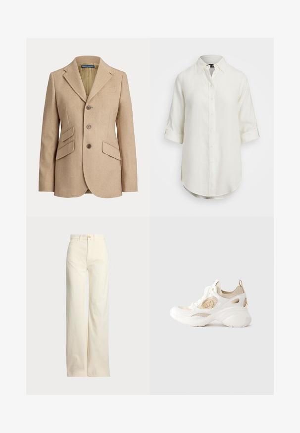 Šviesiai rudas žąsies kaulo rašto švarkas su nukirptomis atlapa, trijų mygtukų užsegimu ir dviem priekinėmis kišenėmis. Viduje yra lygi pamušalinė medžiaga.; Balta lino marškiniai su mygtukų užsegimu, trumpomis susuktomis rankovėmis, apykakle ir apvaliu kraštu. Įrengti šviesios spalvos mygtukai.; Polo Ralph Lauren COTTON CORDUROY WIDE-LEG PANT - Kelnės - warm white; Balti ir smėliniai megzti sportbačiai su storu padu, raišteliai priekyje, prekinis ženklas šone ir kilpa kulne ant vientiso fono.