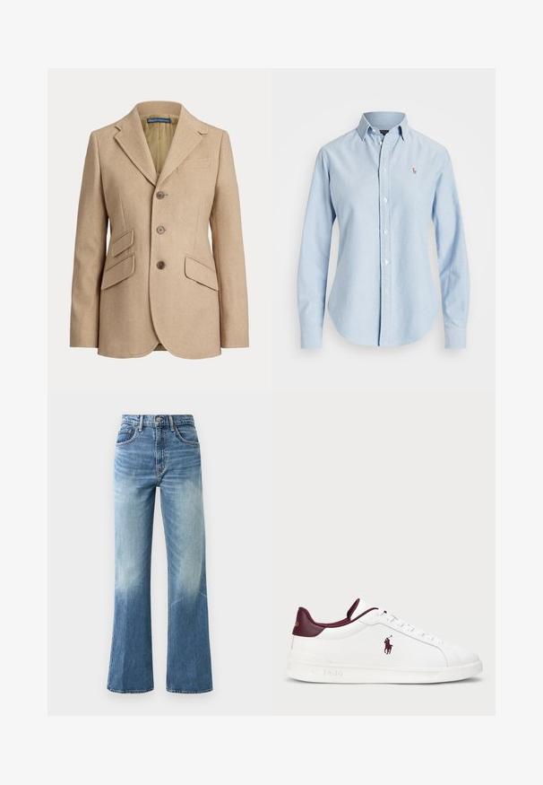 Bēšs zebrasbikša raksta žakete ar iegriezuma atlociem, trīs pogu aizdari un divām priekšējām kabatām. Raksturo gluda oderējuma iekšpusi.; Gaiši zils krekliņš ar garām piedurknēm, izgatavots no kokvilnas, ar norādītu apkakli un mazu izšuvumu kreisajā krūtī.; Gaiši zili augstās jostasvietas džinsi, ar plašu kāju griezumu, izbalējušu tekstūru, piecām kabatām un metāla pogu aizdari.; Baltas ādas sporta apavi ar bordo akcentiem, apaļa purngala forma, iegravēts logs un plakani šņores. Strukturēta zole un gluda virsmas apdare.