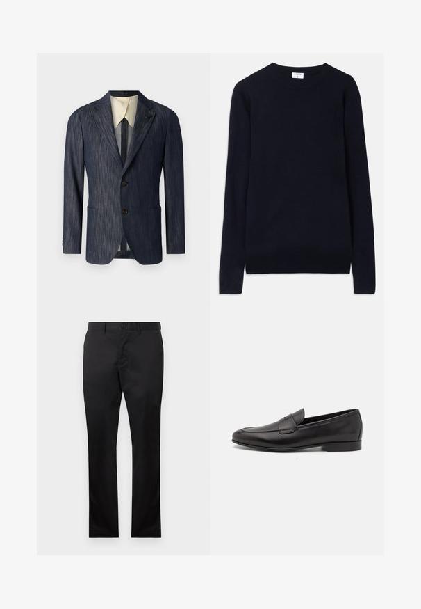 Blazer texturizado azul marino con solapas de muesca, dos bolsillos frontales, tres botones y un forro interno color crema.; Suéter de cuello redondo de color azul marino hecho de una tela suave, con mangas largas y detalles acanalados en el collar y el dobladillo. Diseño limpio y minimalista.; Pantalones de algodón negros con un diseño de pierna recta, que cuentan con un cierre de botón frontal y bolsillos laterales, textura suave y sin patrones visibles.; Mocasín negro de cuero para hombres con un tacón bajo y un diseño clásico de cinta para monedas, mostrado en perfil lateral sobre un fondo blanco.