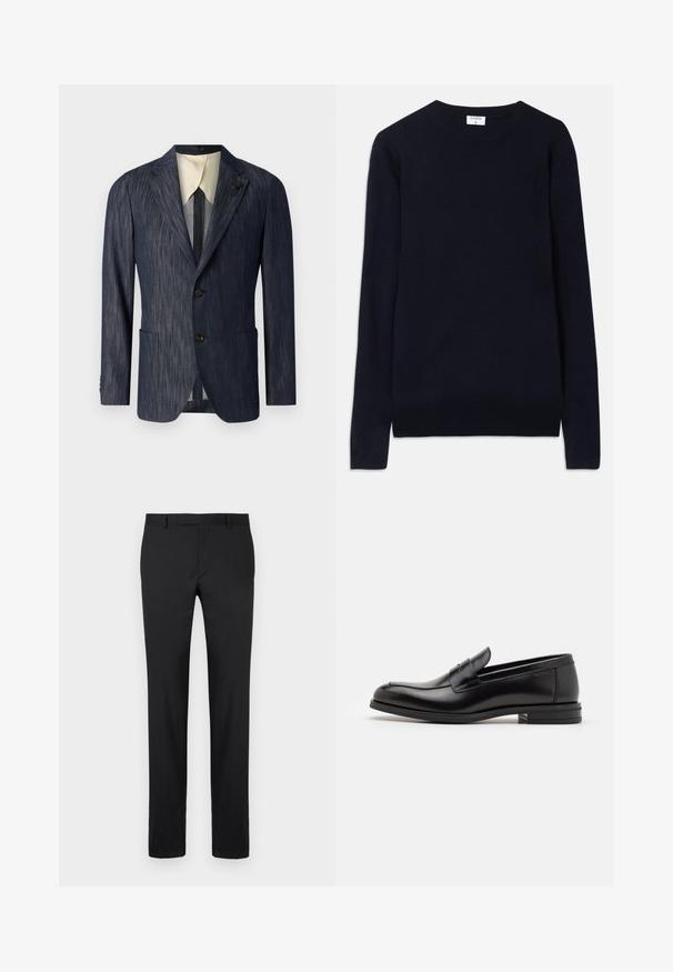 Tummansininen teksturoitu bleiseri, jossa on kaareva kaulus, kaksi etutaskua, kolme nappia ja kerma värinen vuori.; Tummansininen pyörökaula-aukko villapaita, joka on valmistettu pehmeästä kankaasta. Siinä on pitkät hihat sekä ribbireunus kauluksessa ja helmassa. Siisti, minimalistinen muotoilu.; Musta housut räätälöidyllä muotoilulla, suorat lahkeet, tavalliset vyölenkit ja sileä pinta. Ei näkyviä kuvioita tai metalliosia.; Mustat nahkakengät, joissa on sileä pinta, pyöreä kärki ja koristeellinen nauha jalkapöydän yli. Matala pinoitu koroke, minimalistinen muotoilu.