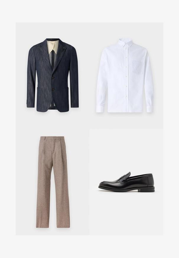 Jūras zilas teksturētas žaketes ar izgriezumu, divām priekšējām kabatām, trim pogām un krēmkrāsas iekšējo oderi.; Balts garo piedurknēm krekliņš ar pogām, izgatavots no kokvilnas, ar krūšu kabatu ar tonālu izšuvumu, apkakli un pogām pie piedurknēm.; Brūni, augstos šortos izgatavoti no teksturēta auduma. Iezīmē plašas kājas un divas priekšējās krokas, kas nodrošina struktūru. Kārtīga apdare bez redzamām detaļām.; Melnas ādas kurpes ar gludu tekstūru, noapaļu purngalu un dekoratīvu siksniņu pāri priekšpusei. Zems sakrauts papēdis, minimālisma dizains.