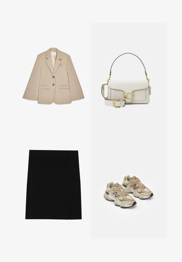 Beige Blazer mit Schalkragen, zwei vorderen Klappentaschen und zwei Messingknöpfen. Hat ein strukturiertes Design und eine glatte Stofftextur.; Grauer Sweatshirt mit einem halben Reißverschluss am Kragen, Rippbündchen und einem kleinen gestickten Logo auf der Brust. Weicher Baumwollmischstoff.; Schwarzer Minirock aus weichem Stoff mit figurbetontem Design, ausgestattet mit einem leichten Schlitz an der Seite für zusätzlichen Details.; Beige Sneaker aus Mesh- und Wildledermaterialien. Mit einem schwarzen Logo und strukturierten Akzenten. Dicke weiße Zwischensohle und schwarze Gummisohle.; Weiße Lederhandtasche mit goldfarbenen Beschlägen, ausgestattet mit einer Klappenverschluss und einem abnehmbaren, verstellbaren Riemen. Runde Metallakzente in der Mitte.