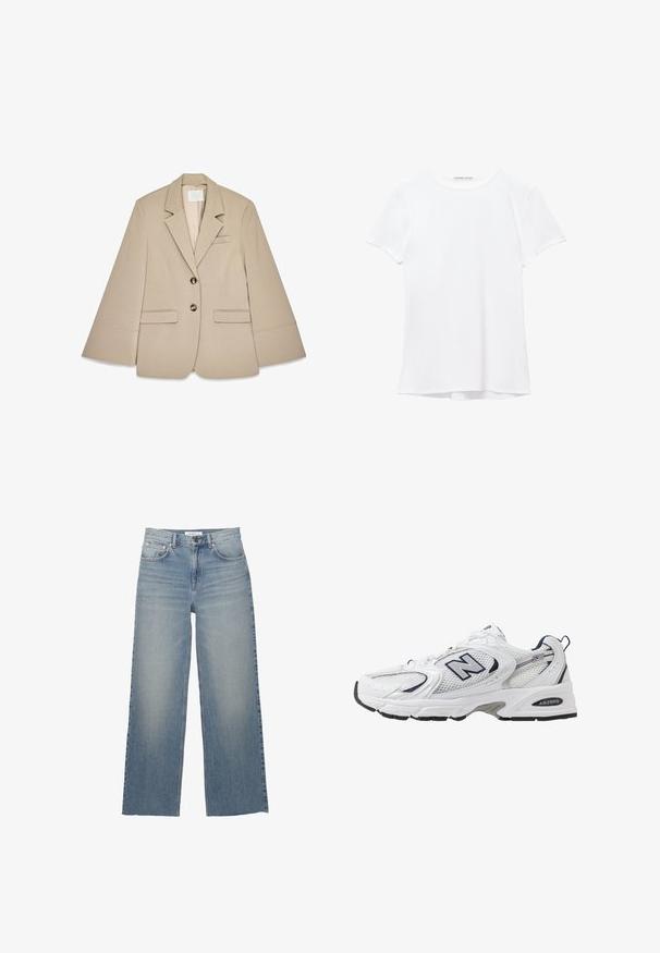 Beige blazer med sjalskrave, to frontlommer med klap og to messingknapper. Har et struktureret design og en glat stofoverflade.; Hvid kortærmet t-shirt lavet af glat stof, med rund halsudskæring og diskrete syninger ved kanten.; Lyseblå brede jeans lavet af denim, med høj talje, frontlommer og knaplukning. Glat tekstur med slidte områder.; Hvide sportsko med netoverdel, marineblå detaljer og polstret sål. Har "N" logo, snørebånd og struktureret detalje på siden.