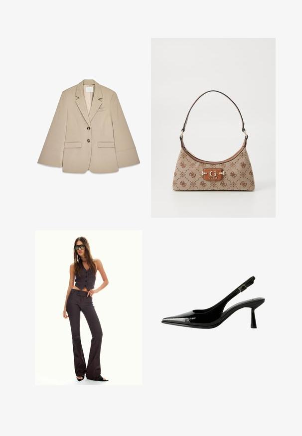 Beige blazer med sjalskrave, to frontlommer med klap og to messingknapper. Har et struktureret design og en glat stofoverflade.; Cremefarvet langærmet top med bred halsudskæring og udvidede ærmer. Glat, letvægtsstof. Simpelt, minimalistisk design uden pynt.; Brun stribet cropped vest og flagrende bukser med knapper og et tekstureret stof. Sorte åbentåede sko og overdimensionerede solbriller.; Sorte patenterede lædersandaletter med spids tå, udskårne sider, justerbar ankelstrop og en tynd, slank hæl.; Tote bag i beige stof med brune mønstrede detaljer. Har en buet form, enkelt strop og et logo-plakette foran med sølvhardware.