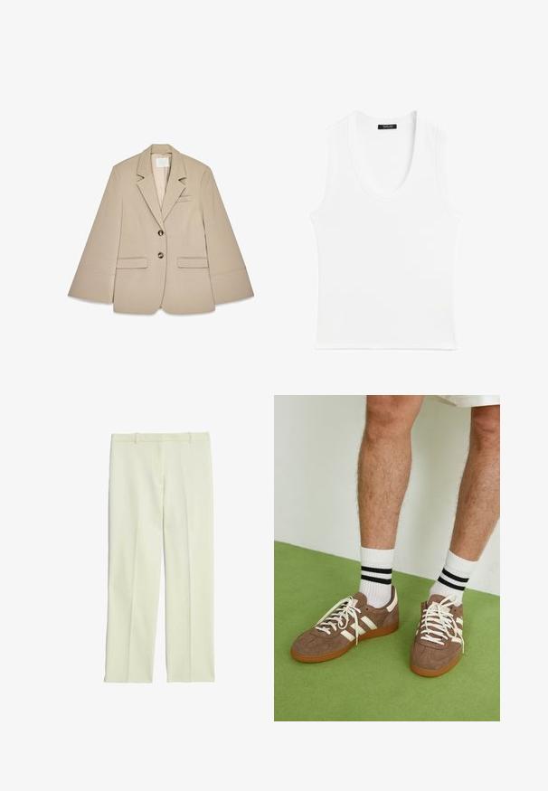 Beige blazer with a shawl collar, two front flap pockets, and two brass buttons. Features a structured design and smooth fabric texture.; White sleeveless tank top with a round neckline, made of ribbed material; simple design with no patterns or embellishments.; Cream-colored tailored trousers with a straight-leg design, featuring a flat front, belt loops, and a smooth texture.; Brown suede sneakers with white accents and laces. Rubber gum sole. Worn with white socks featuring black stripes. Green textured flooring.