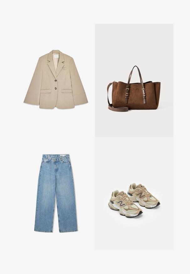 Beige blazer with a shawl collar, two front flap pockets, and two brass buttons. Features a structured design and smooth fabric texture.; Light beige camisole made of soft fabric, featuring thin adjustable straps and a V-neckline with a slightly relaxed fit.; Light blue wide-leg jeans made of denim, featuring a high waist, five pockets, button closure, and subtle fading for texture.; Beige sneakers with mesh and suede materials. Features a black logo and textured accents. Thick white midsole and black rubber outsole.; Brown suede tote bag with a structured shape, dual leather handles, adjustable shoulder strap, and gold-tone hardware accents.